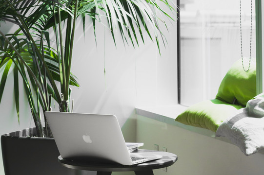 Arbeitsplatz Ein kleiner gemütlicher Arbeitsbereich mit Sitzgelegenheit, Pflanzen und einem Tisch, auf dem ein Laptop platziert ist.