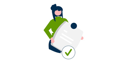 Prüfung Illustration einer Person mit Zettel in der Hand.