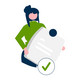 Prüfung Illustration einer Person mit Zettel in der Hand.