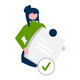 Prüfung Illustration einer Person mit Zettel in der Hand.