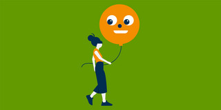 Happy Illustration einer Person mit einem lächelnden Luftballon in der Hand.